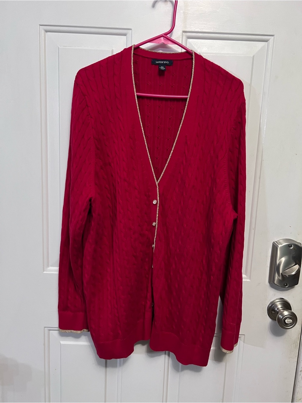 Lands’ End Women’s 3X Red Cable Knit Cardigan Gold Metallic Trim 100% Cotton